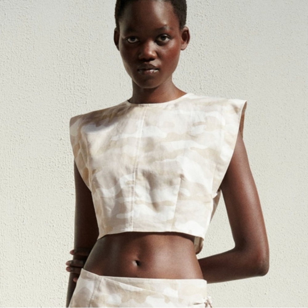 Zara Linen Blend Crop Top XS Camo - Picture 3 of 9